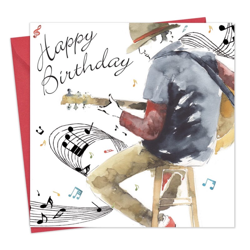 Twizler Happy Birthday Card for Him - Guitar Man with Watercolour Effect - Mens Music Birthday Card for Male Son Brother Boyfriend Friend - Image 1